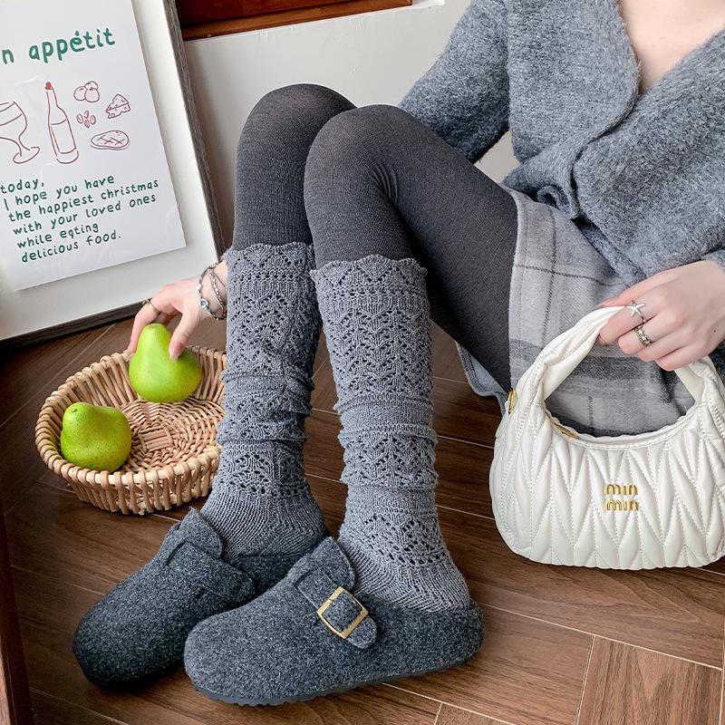 Wool Embossed Openwork Calf Women's Stirrup Leg Warmers - Autumn & Winter Fashionable Soft Mid-Calf Socks