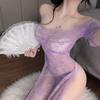 Sex Underwear One-word Collar Perspective Cheongsam Tube Top Sexy Lace Nightdress Sexy Pure Desire Nightdress Women