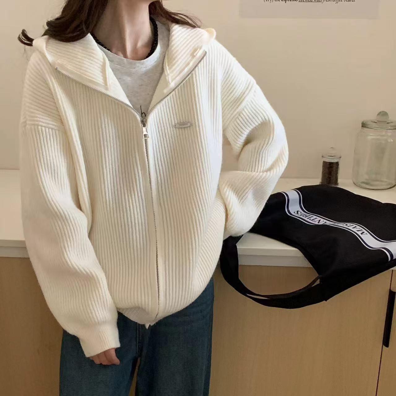 

Стильный корейский вязаный кардиган с капюшоном - Женский осенне-зимний свободный свитер на молнии One Size 80-120 слоновая кость/белый