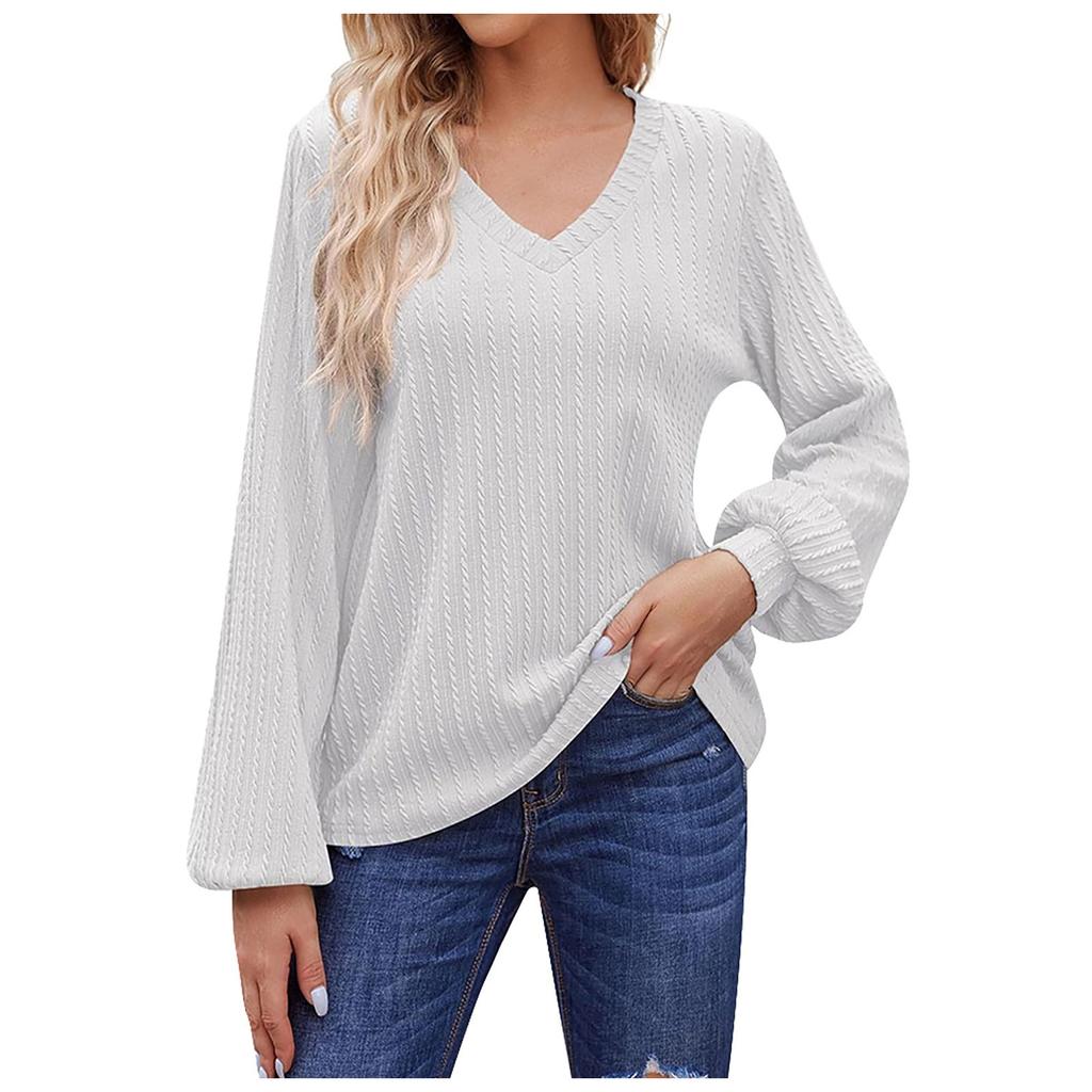 Women's Casual Loose Fitting Solid V-neck Long Sleeved V-neck T-shirt Women's Top