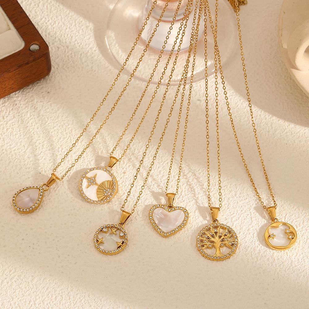Stainless Steel Heart Shaped Pendant Necklace With Six Pointed Star And Water Drop Design For Fashion Women