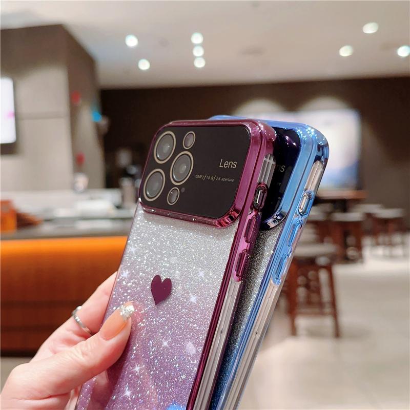 Luxury Plating Heart Love Bumper Flash Gradual Phone Case For iPhone 14 13 12 11 Pro Max Lens Protector On 14 Plus Glitter Cover