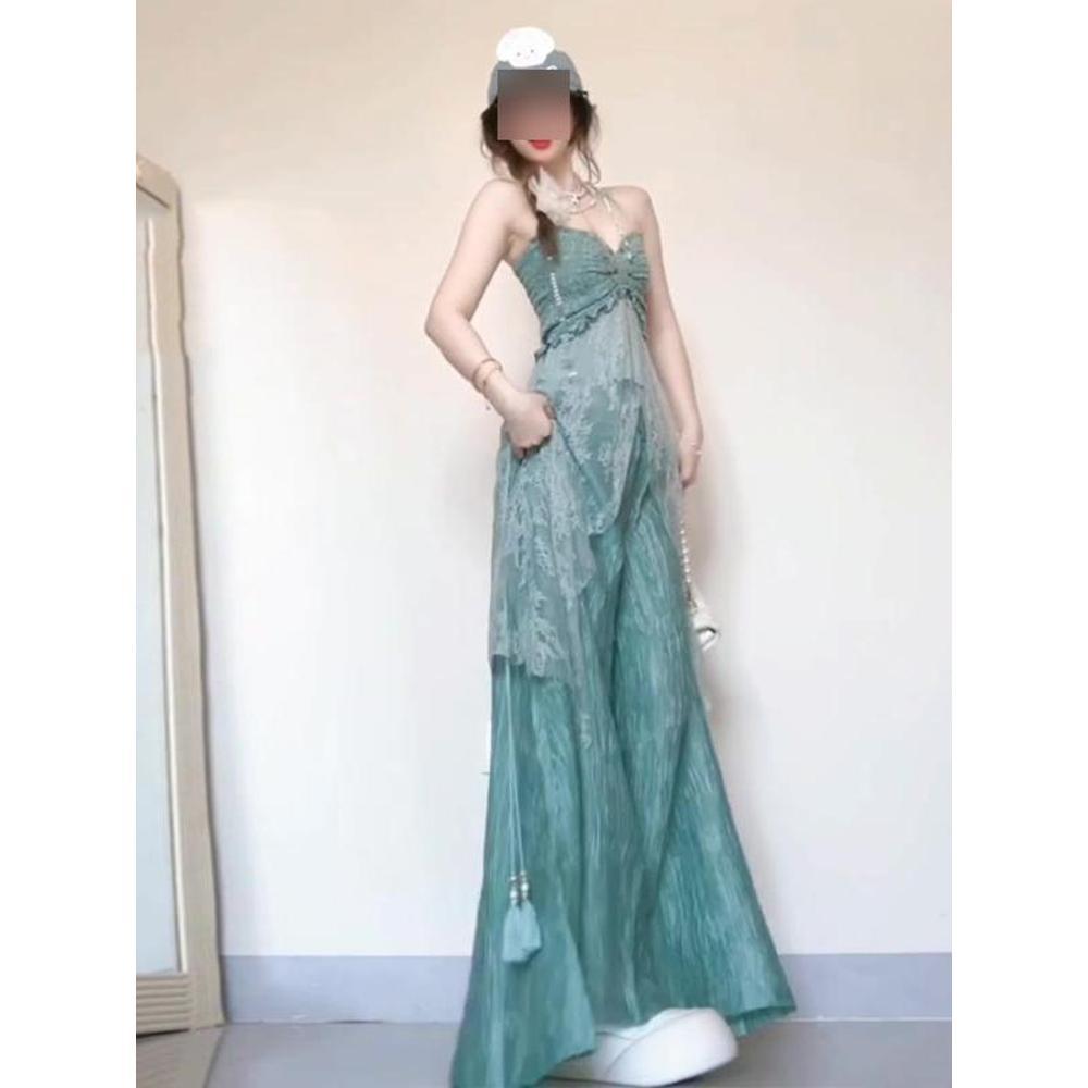 

Летняя дорожная одежда красивый и красивый маленький комплект, пляжный отдых топ на бретелях из тенселя, комплект из двух предметов с широкими брюками XL- (recommended 110-60kg)