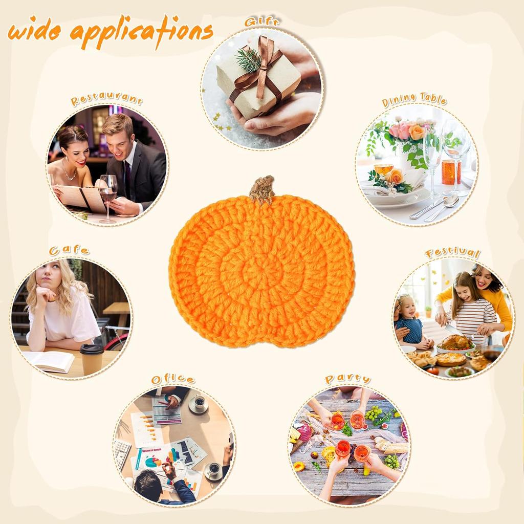 8 Pcs Crochet Pumpk Coaster Handmade Knitted Drink Coaster Set Autumn Drink Cup Pad Mats Absorbent Bottle Mug Place Mats for Table Protection Fall
