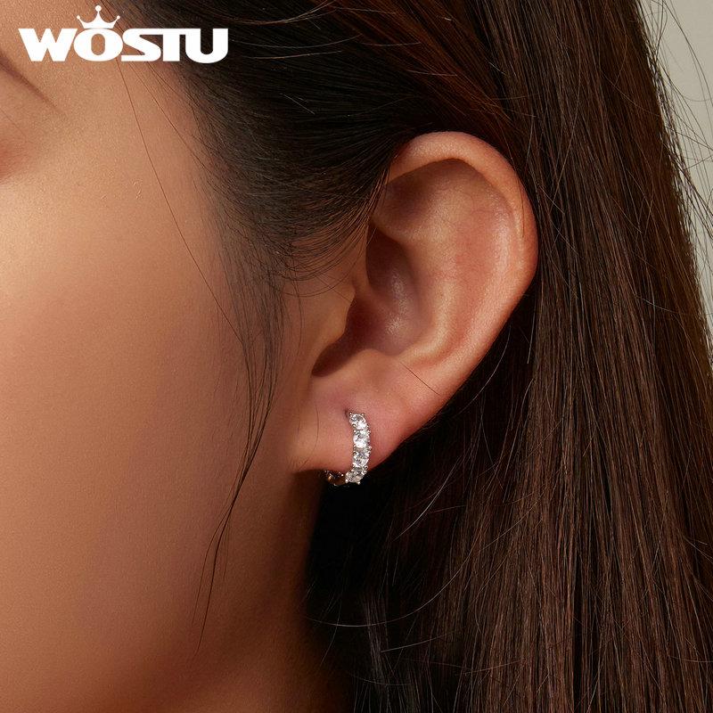 WOSTU Real 925 Silver Full of Zircon Circel Hoop Earrings For Women S925 Wedding Round Crystal Pendientes Jewelry Gift