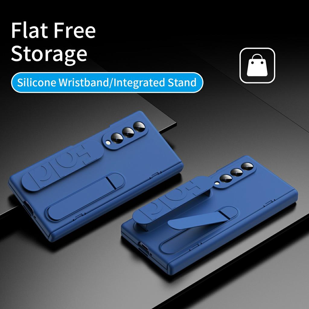 For Samsung Galaxy Z Fold3 5G Case with Tempered Glass Film Silicone Wristband Kickstand PC Phone Cover