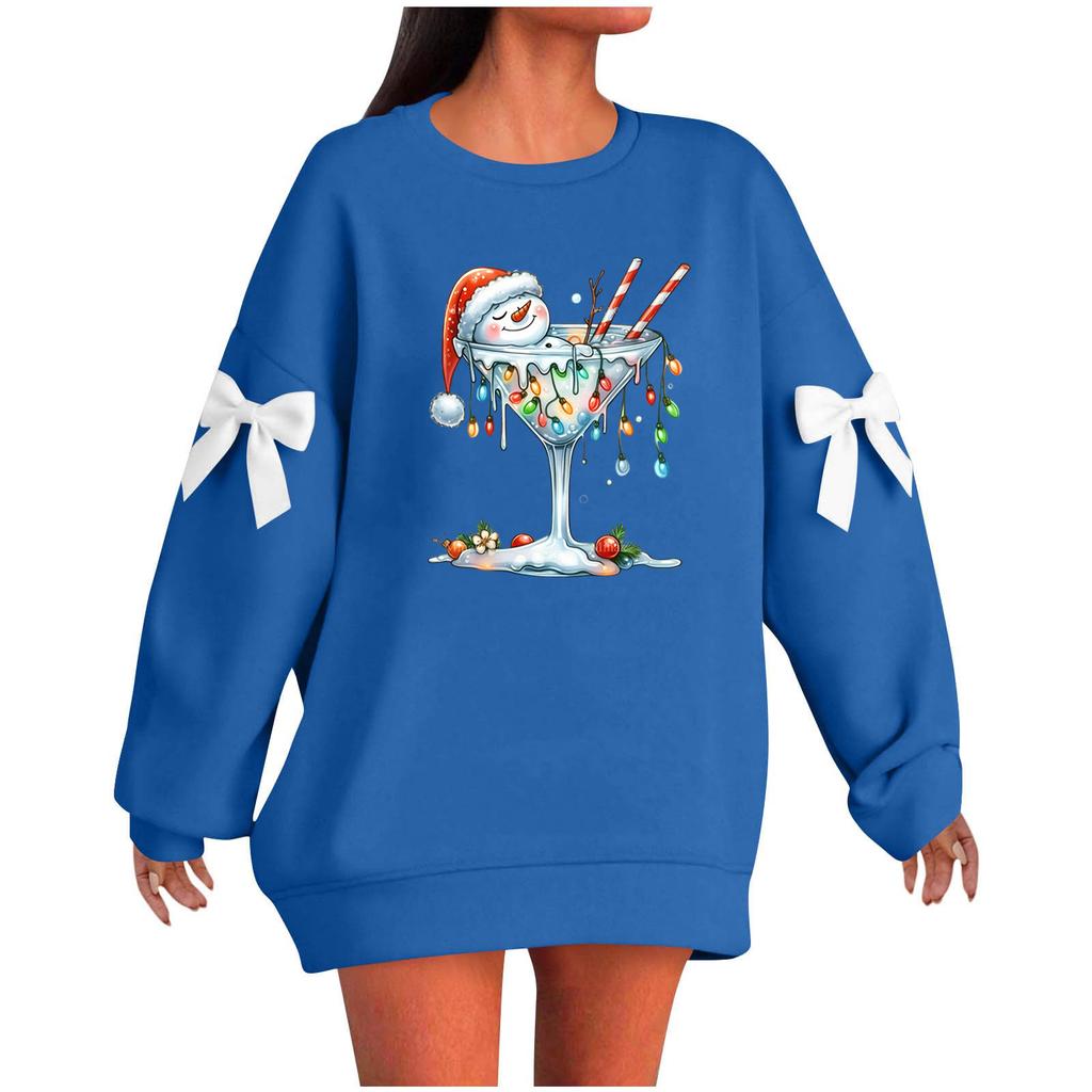 Ladies' Christmas Printed Bow Round Neck Long Sleeved Loose Pullover Sweater Sweatshirt Top