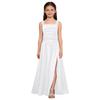 Robe de Soirée Satinée Fleurie pour Fille Sans Manches Corsage Froncé Taille Basse Asymétrique Robe Coupe A Ligne Fente Latérale pour Mariage Baptême