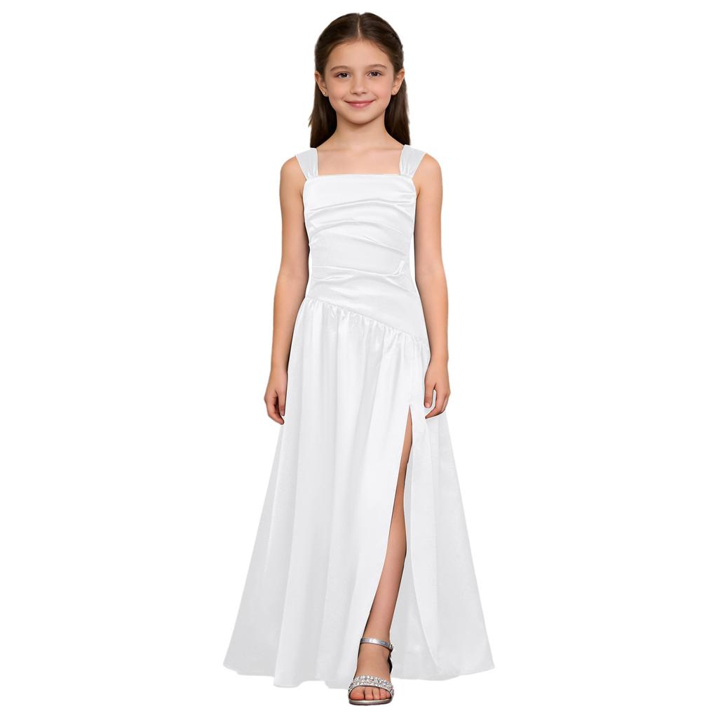 Robe de Soirée Satinée Fleurie pour Fille Sans Manches Corsage Froncé Taille Basse Asymétrique Robe Coupe A Ligne Fente Latérale pour Mariage Baptême
