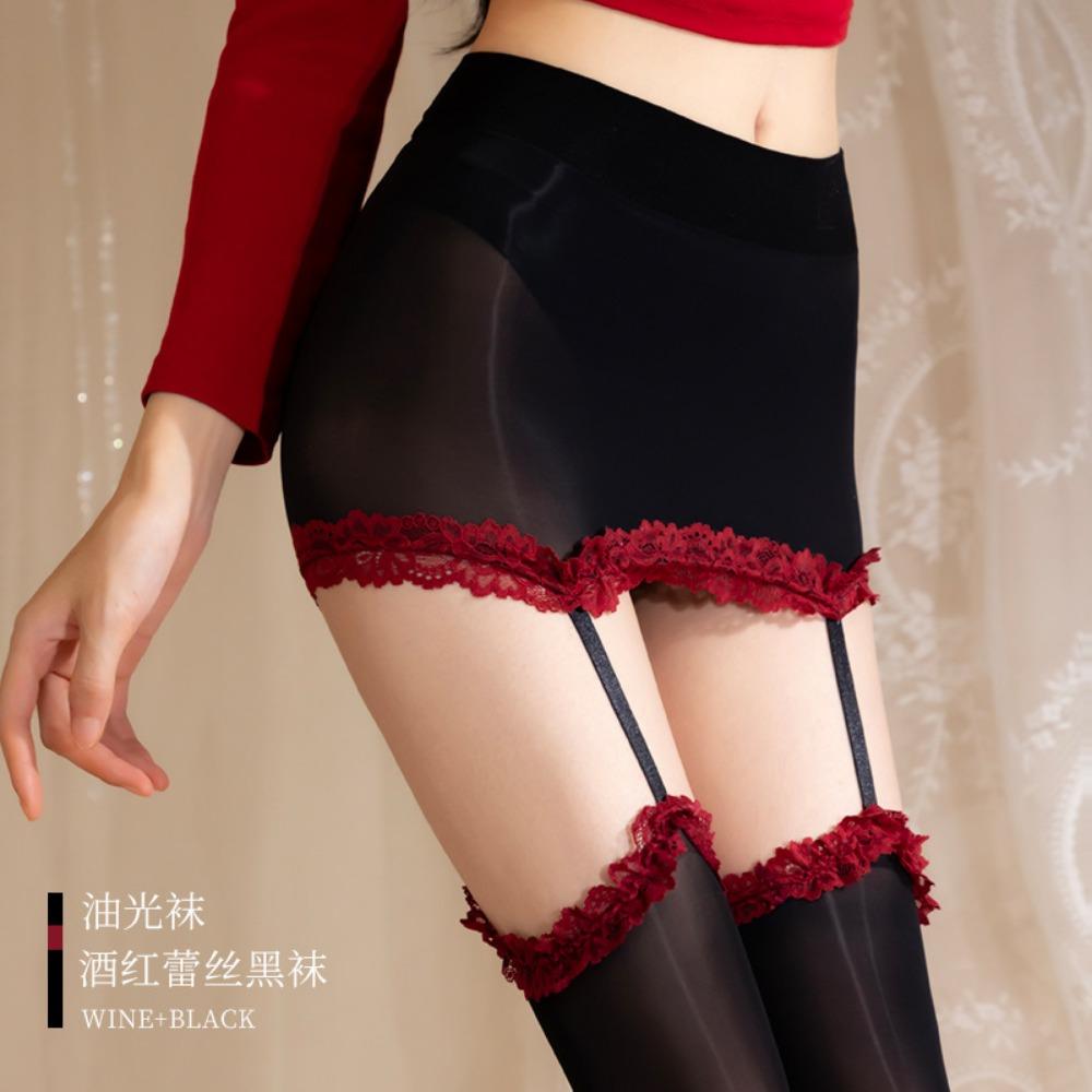 Qinghe Sexy Contrasting Suspender Socks Ultra-thin Aurora Oily Stockings Hip-wrapped Women's Red Edge Long Tube Over The Knee