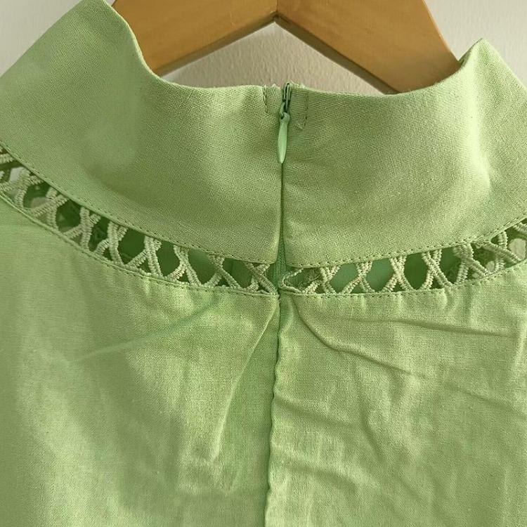 Breathable Cotton Linen Blouse for Women Casual Hollow Top Stand Collar Lace Patchwork Solid Color Shirt