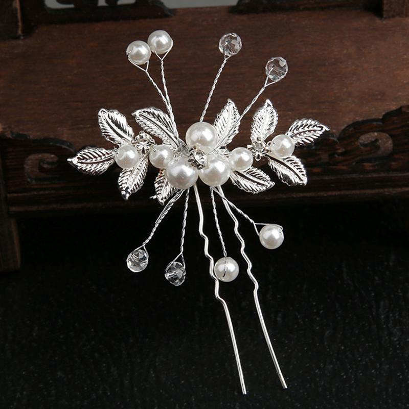 Crystal Pearl Flower Hair Pins Clips U-Shaped Hairpin Gold Leaf Pearl Hair Fork