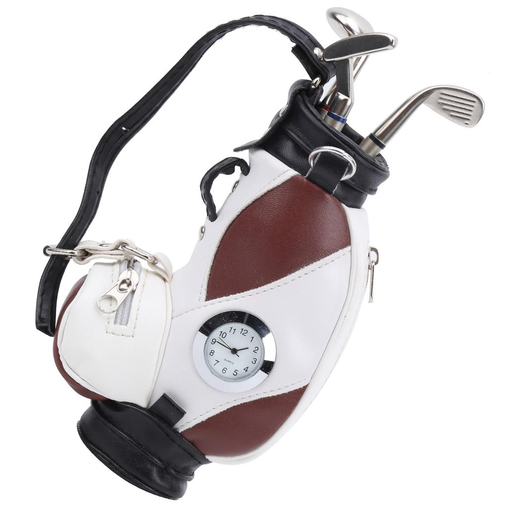Mini Desktop  Golf Bag Pen Clock  Zinc Alloy PU Leather with Golf Pens Souvenir Set GiftBrown White