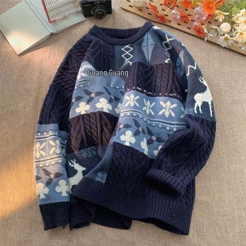 2025 Patchwork Color Block Men's Winter Sweater: Lazy Style Knitwear for Students