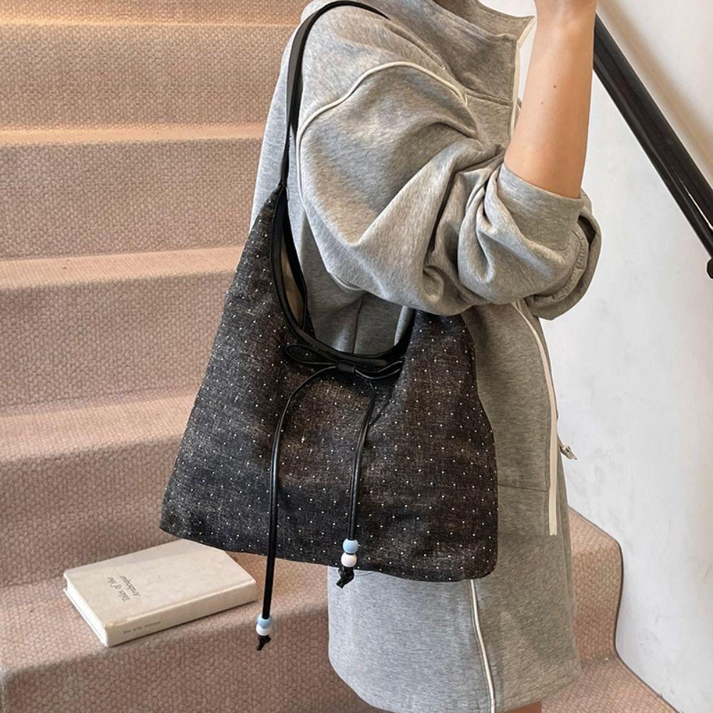 

Cloth Denim Axillary Bag Versatile Canvas Tote Bag Trendy Bow Shoulder Bags Ladies Style 1