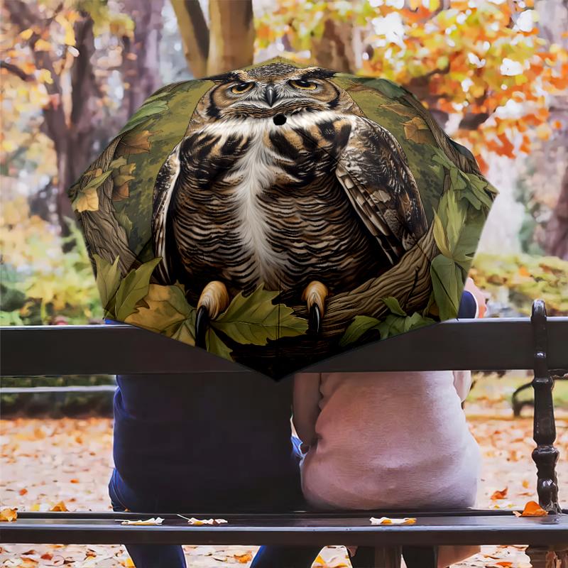 Owl and Leaf pattern, automatic folding umbrella, portable and foldable design, 8 ribs, a Christmas or birthday gift.