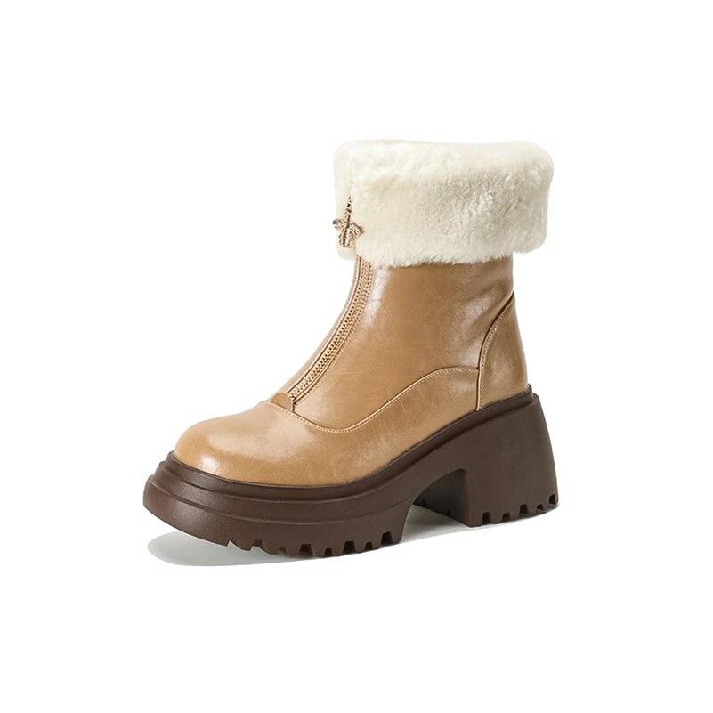 

Жіночі ботильйони з натуральної шкіри Meotina, круглий носок, товсті високі підбори, блискавка, вовняна платформа, короткі черевики, жіноче модне зимове взуття 39 коричневий