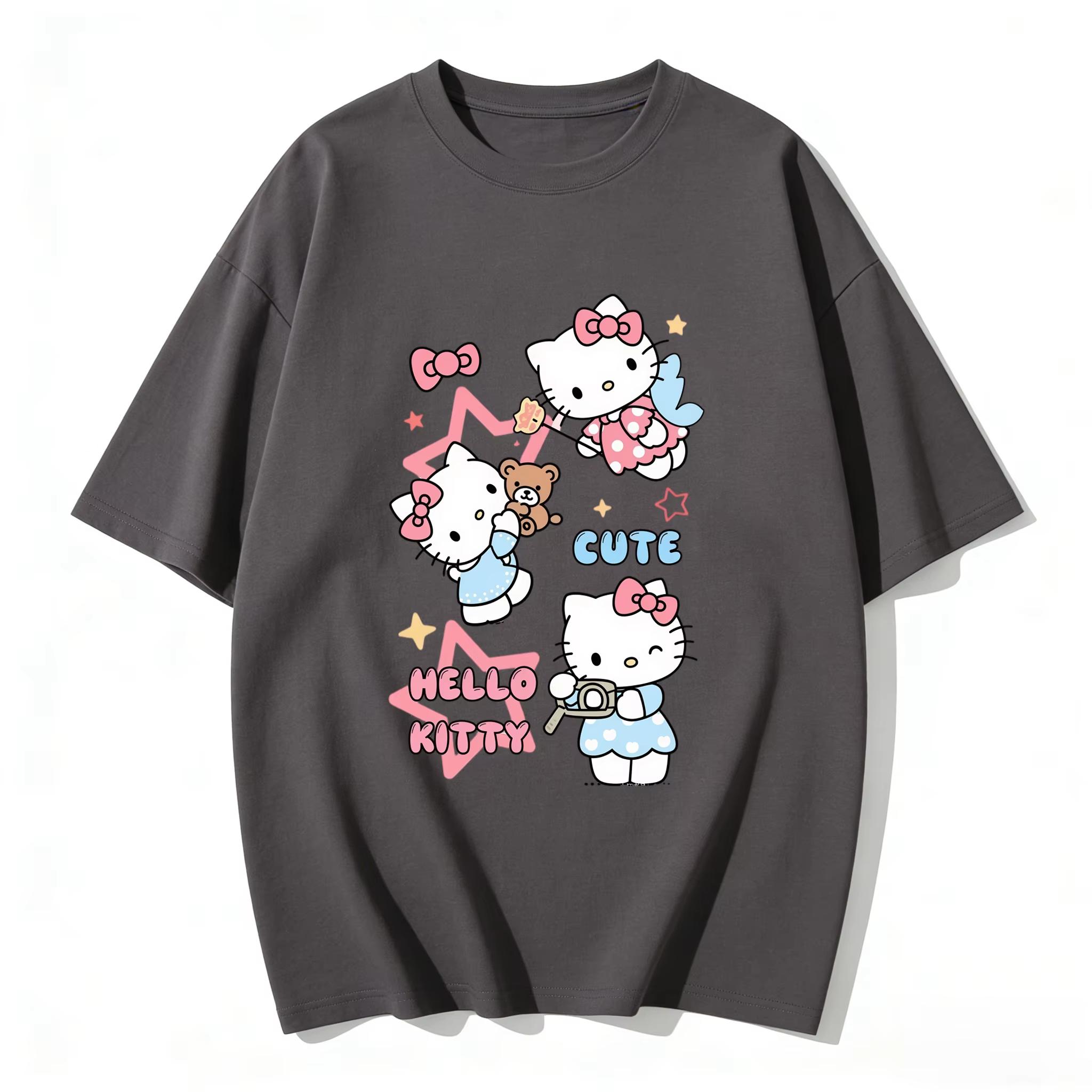 

2026 Summer Hello Kitty Cartoon Printed Short Sleeve Pure Cotton Tshirt Womens Tees Parentchild Outfit Classic Fashion Tops S