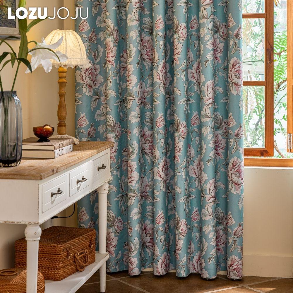 1PC LOZUJOJU American Countryside Style Peony Printed Blue Curtains with Full Blackout Curtains for Bedroom Living Room Balcony Window for Home Decor
