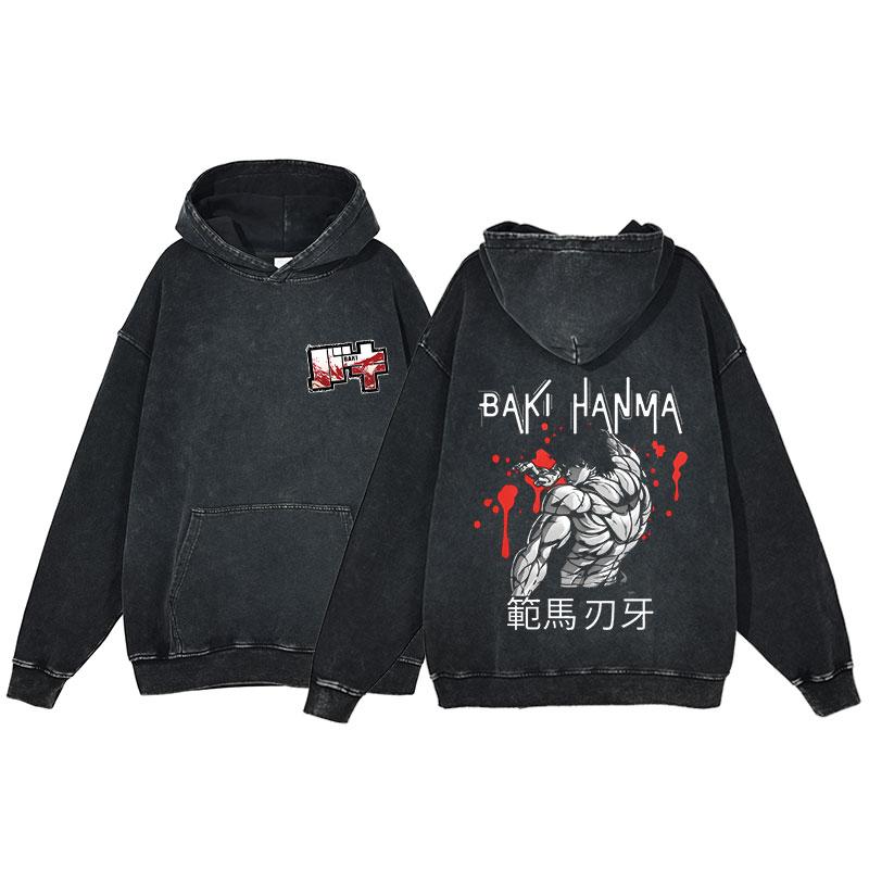 Hot Anime Baki Hanma Graphic Print Men Women Vintage Hoodies Washed Cotton Streetwear Harajuku Unisex Casual Loose Sweatshirt