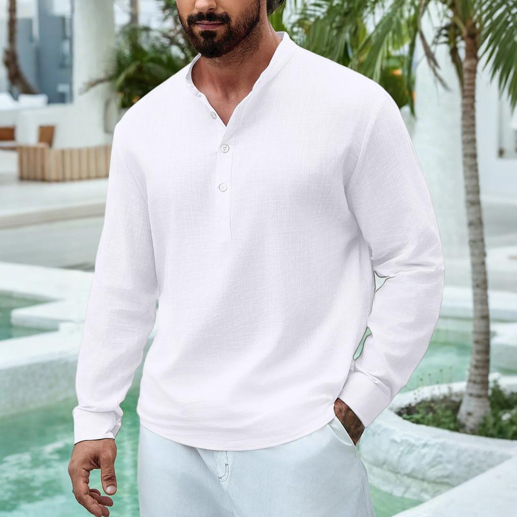 Men's Casual Stand Collar Half Door Cylinder Color Knot Cotton Linen Long Sleeve Shirt