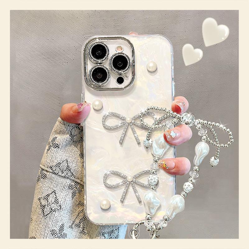 Pearl Bow Bracelet Is Suitable for Apple 16 Shell Pattern Mobile Phone Case 13promax Premium Sense 14 New Women's 15.