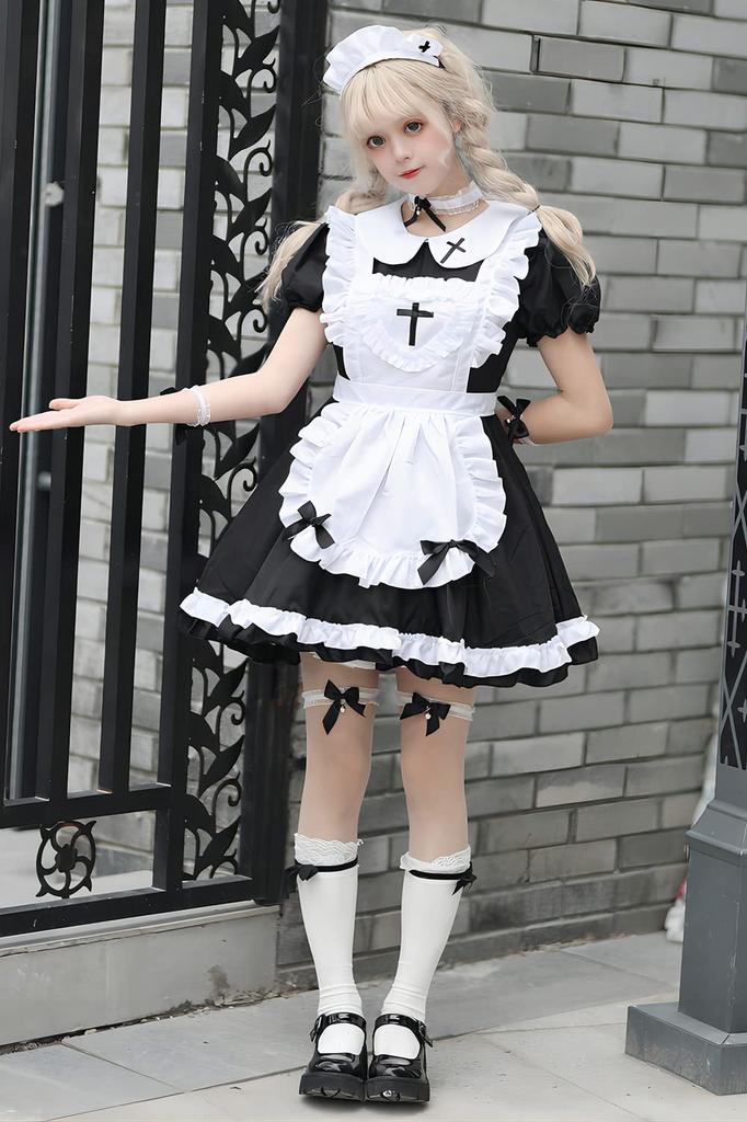 Maid 4 Colors and Halloween Short Adult Necklace and Socks [RPFLQ] Costume, Cosplay, Available Black, Red, Blue, Pink, Costume, Women's Apron,