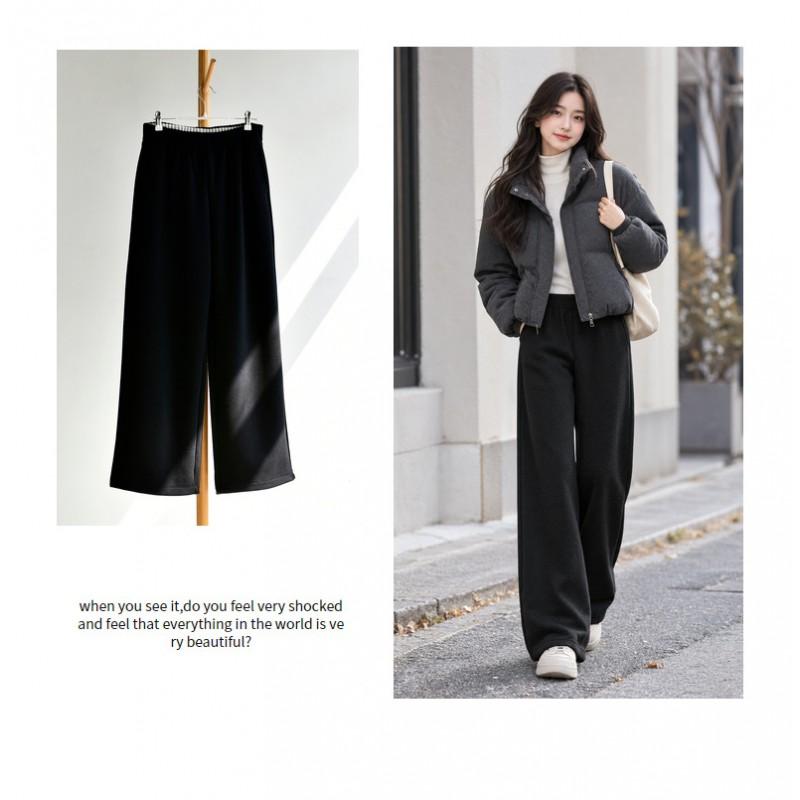 Womens Winter Warm Wide Leg Pants High Waist Thick Pleated Trousers Casual Loose Fit Elastic
