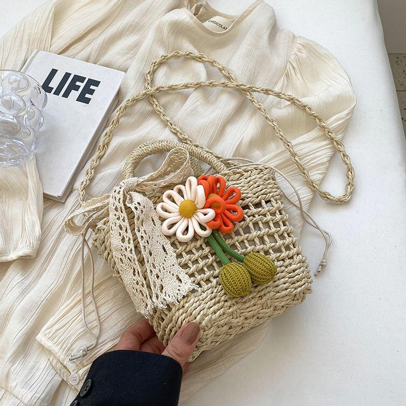 

Women s Hand-Woven Niche Style Beach Crossbody Bag Rice White with Rose Red + ribbon scarf