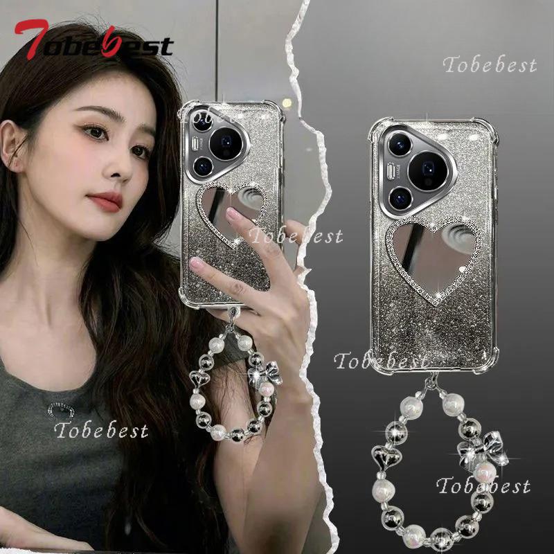 Glitzer Beschichtung Liebe Spiegel Armband Hülle für Huawei Pura 80 70 Ultra P60 P50 P40 P30 Pro Plus Lite Stoßfeste Silikonhülle