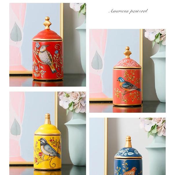 American Ceramic Storage Tank Pastoral Bird Printing Utensil Multifunction Tea Coffee Cup Painted Ceramics With Lid Jewelry Box