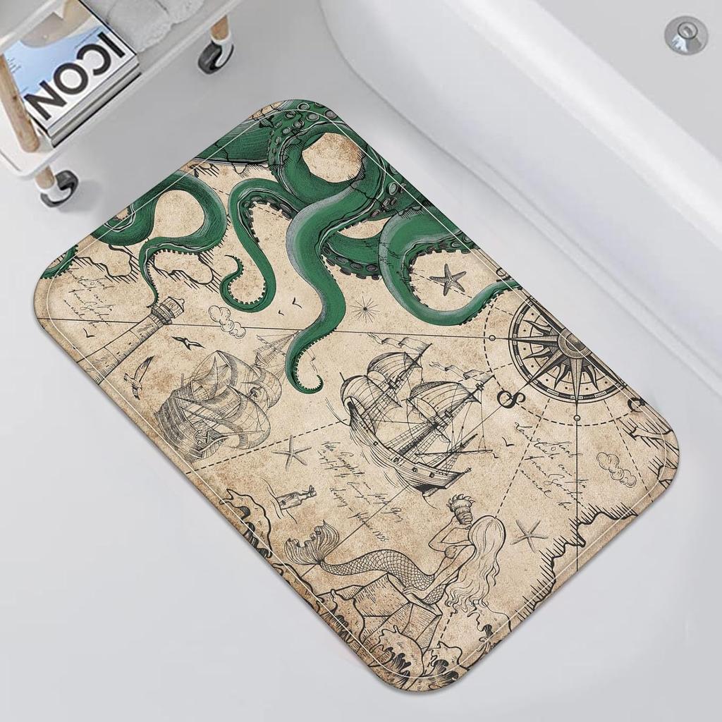 Ocean Themed Retro Map Doormat Octopus Mermaid Sailboat Floor Mat Suitable for Living Room Bedroom Bathroom Entrance Doormat