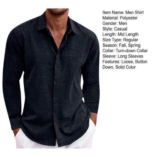 Fall Spring Men Shirt Button-down Turn-down Collar Cardigan Long Sleeves Loose Mid Length Casual Daily Wear