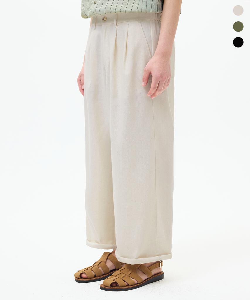TRILLION [2Pack] Double-Pleat Tapered Linen Wide Elastic Waist Pants_3Color