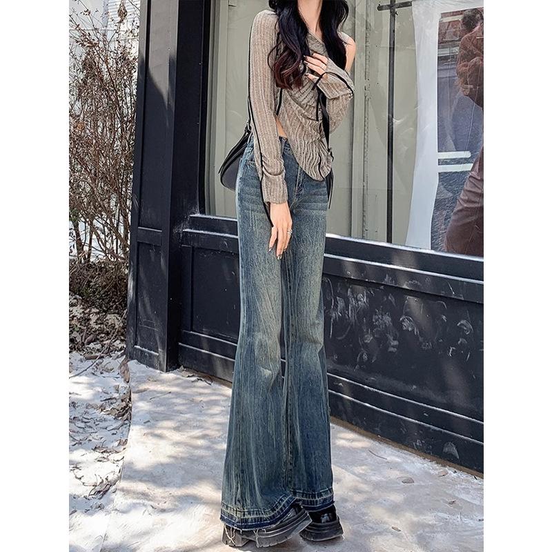 Blugi retro evazați cu talie înaltă pentru femei - Mărimi mari, Spălați cu margine nefinisată, Ideali pentru moda de toamnă/primăvară.