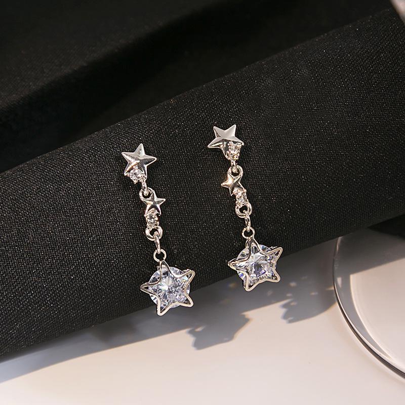 Silver Needle Diamond-Inlaid Hollow Star Geometric Earrings