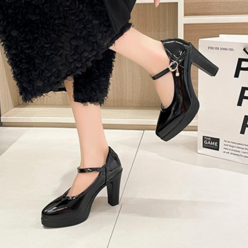 Women's High Heels Thick-soled Waterproof Platform Thick-heeled Leather Shoes Work Shoes
