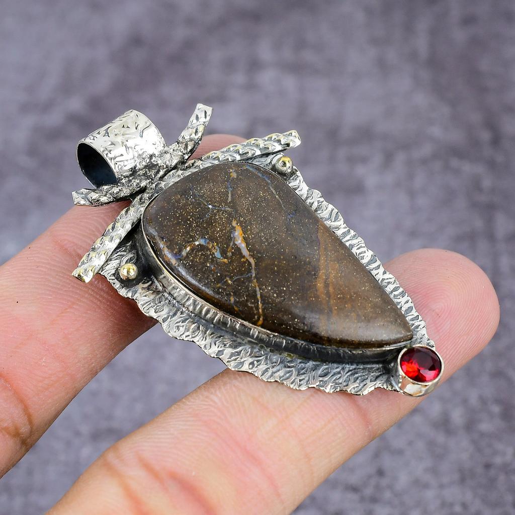 Natural Boulder Opal, Garnet Handmade 925 Sterling Silver Pendant 2.22" P9H85