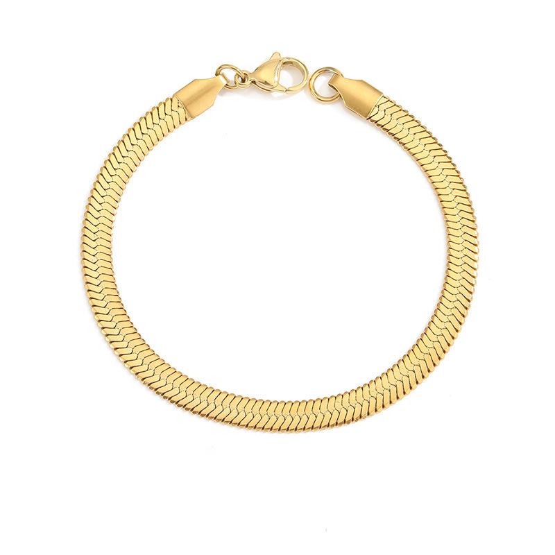 Unisex Stainless Steel Snake Bone Chain Bracelet - Gold Flat Design