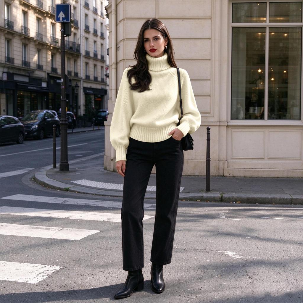 Women's Long Sleeve Turtleneck Sweater Loose Fit Knit Pullover Top for Fall Winter Everyday Wear