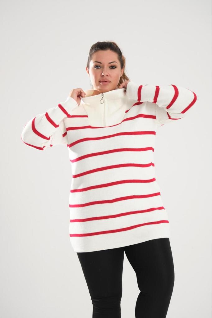 Women's Big Size Blouse Black Zipper Collar Black Striped Knitted Knitwear Plus Size Blouse