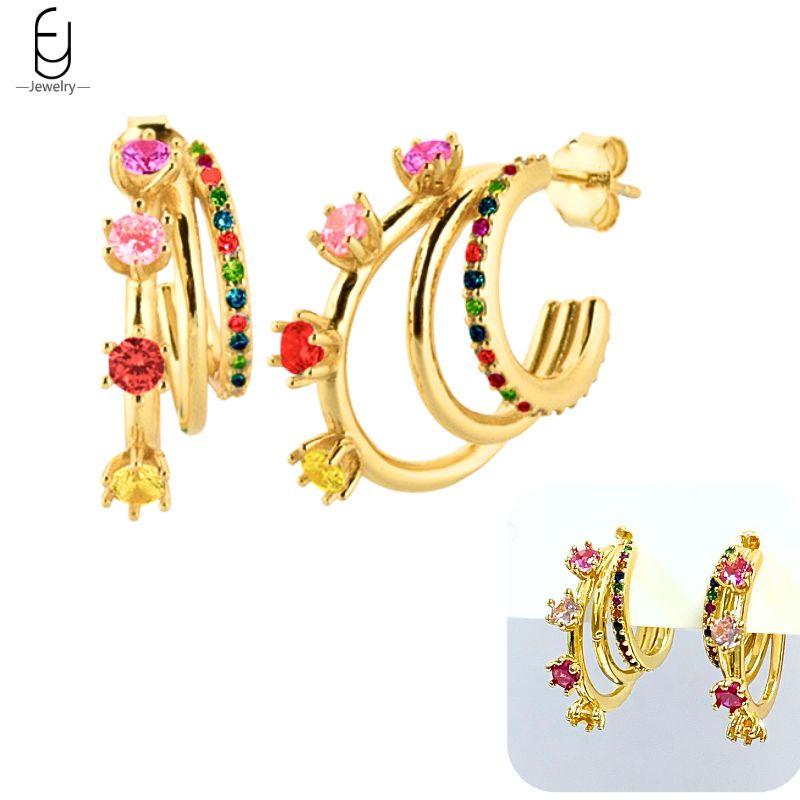 925 Silver Ear Buckles Fashion Hoop Earrings Colorful Crystal Pendants Gold Earring Premium Luxury Women's Jewelry Gift