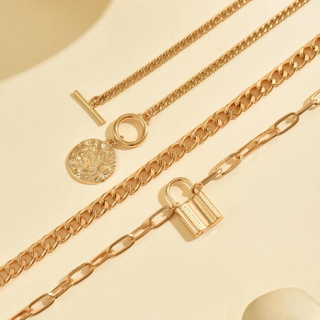 Elegant Embossed OT Buckle Three-Layer Necklace Set for Women