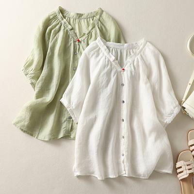 Vintage Literary Cotton Simple Short Sleeve for Women Summer V-neck Button Down Loose T-shirt Breathable Lightweight Soft Comfy Short Sleeve Work Top