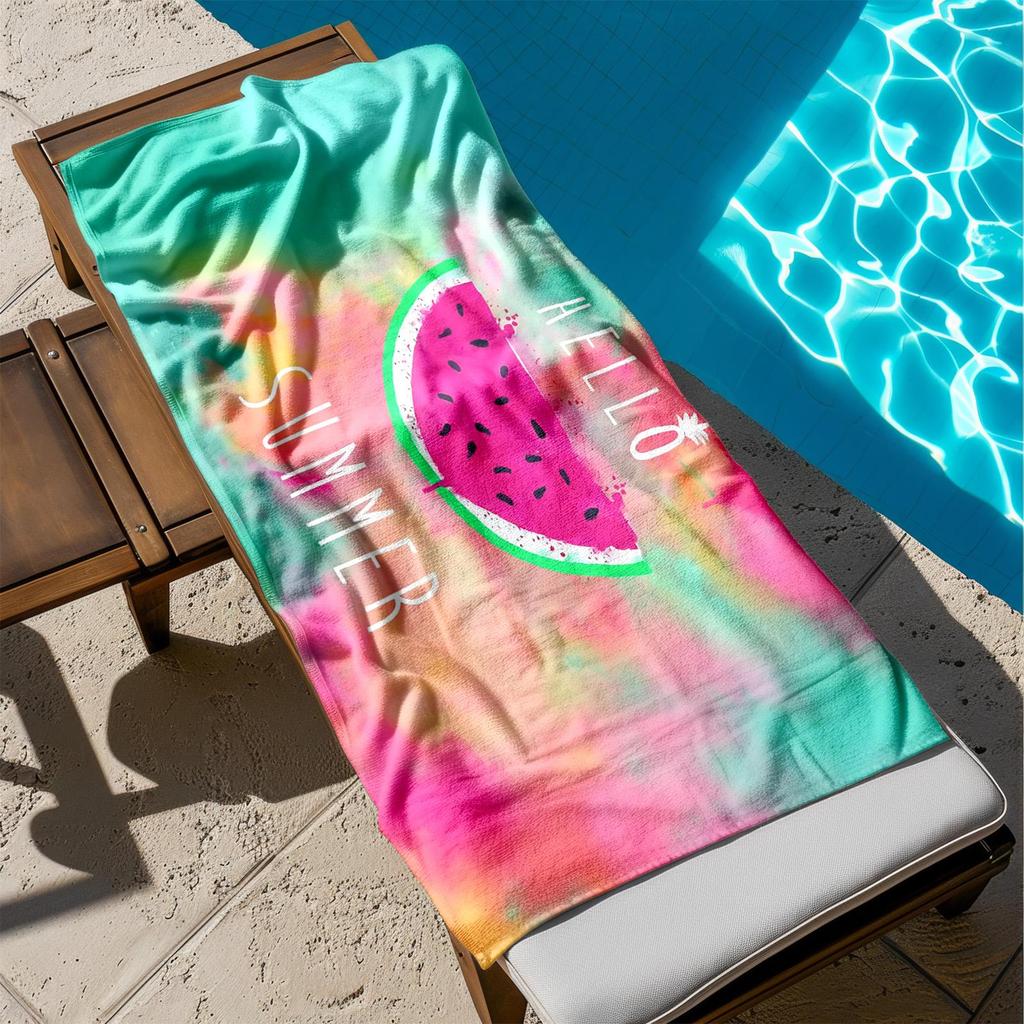 1pc Hello Summer Watermelon Vibes 2D Printed Microfiber Beach Towel, quick dry super absorbent. Great for beach, pool