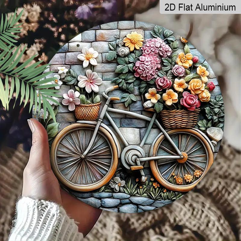 2D Flat Aluminum Wall Art Featuring Flowers and Bicycles, Rustic Country Style, 7.87 Inches × 7.87 Inches, Holiday Gift, Suitable for Homes, Studios
