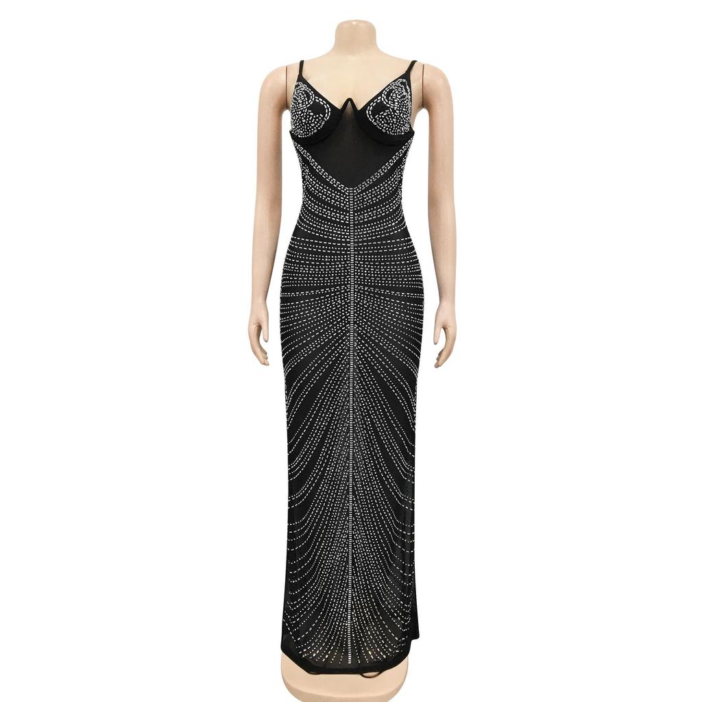 Rhinestone Mesh See-Through Camisole Bustier Long Dress
