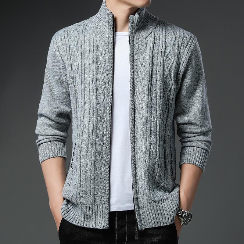 Men's Winter Fashion Cardigan Plus Velvet Sweater Jacket Men's Stand Collar Casual Solid Color Knitted Wholesale
