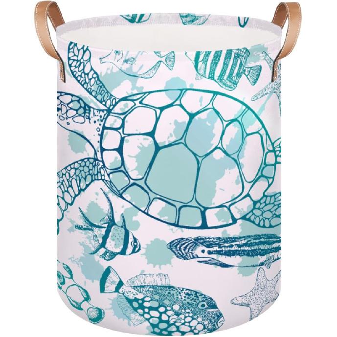 

Large Laundry Hamper Basket Ocean Theme Round Freestanding Clothes Basket, Sea Turtle Collapsible Storage Organizer Bin with Leather Handles for