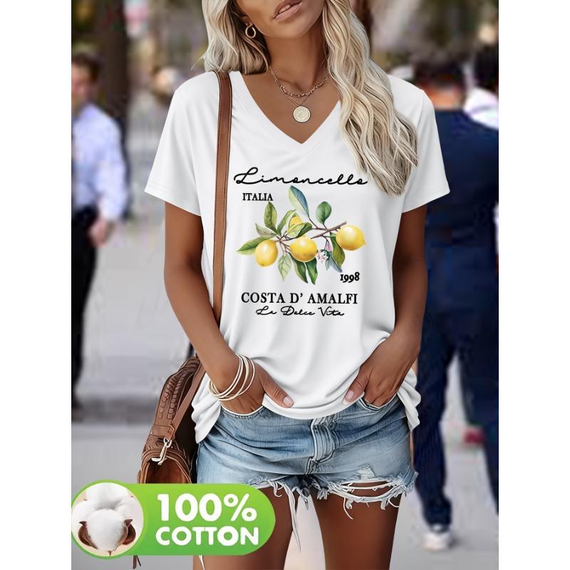 Lemon Branch Pattern Print Spring and Summer 100% Fashionable Women's Heavy V-neck Short-sleeved T-shirt